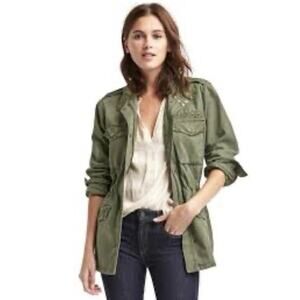 Gap Army Green Utility Jacket, Embroidered Detailing, Gathered Waist, Women’s M
